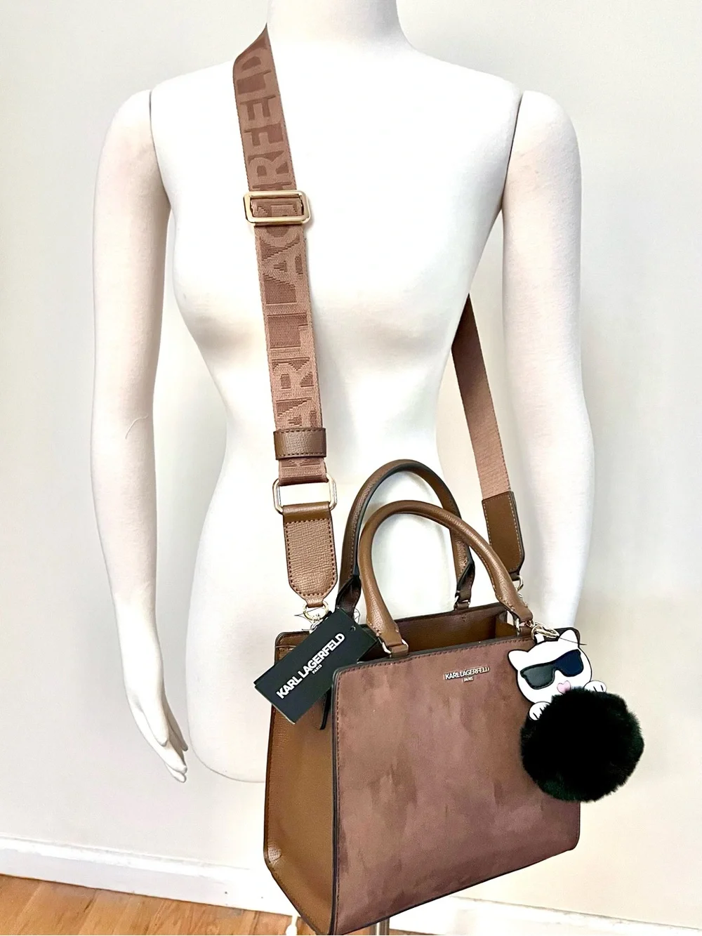 Karl Lagerfeld Brown Faux Suede & Leather Satchel/Crossbody with Choupette Pom